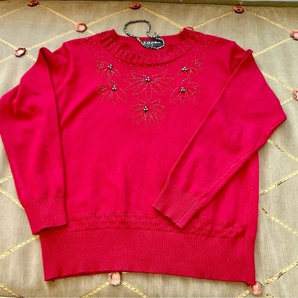 Vintage Sweater Beaded Red Cotton Tiny Sequins & Silver Balls (M) - Picture 5 of 8